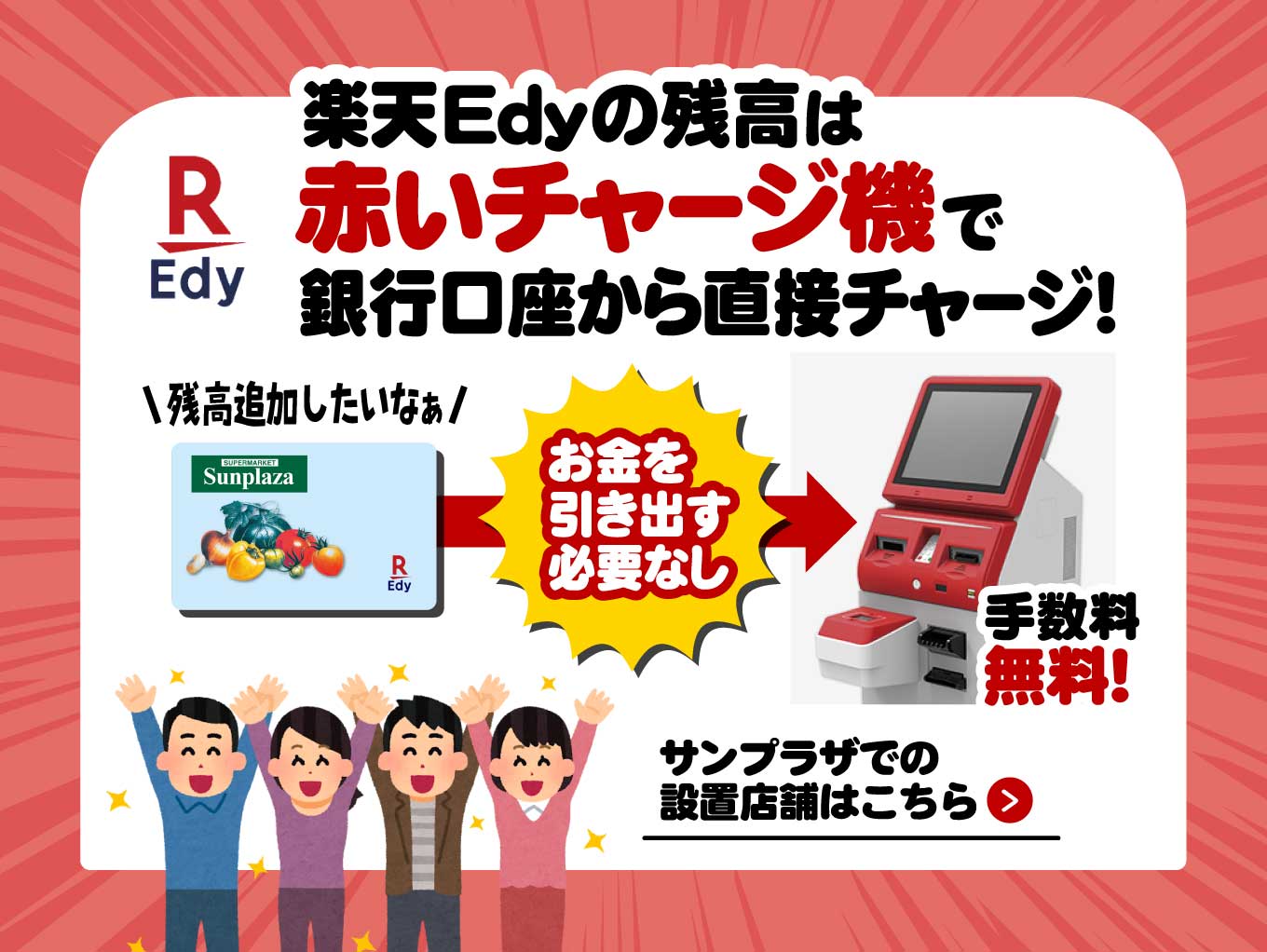 「赤いチャージ機」で銀行口座から直接楽天Edyへチャージ！